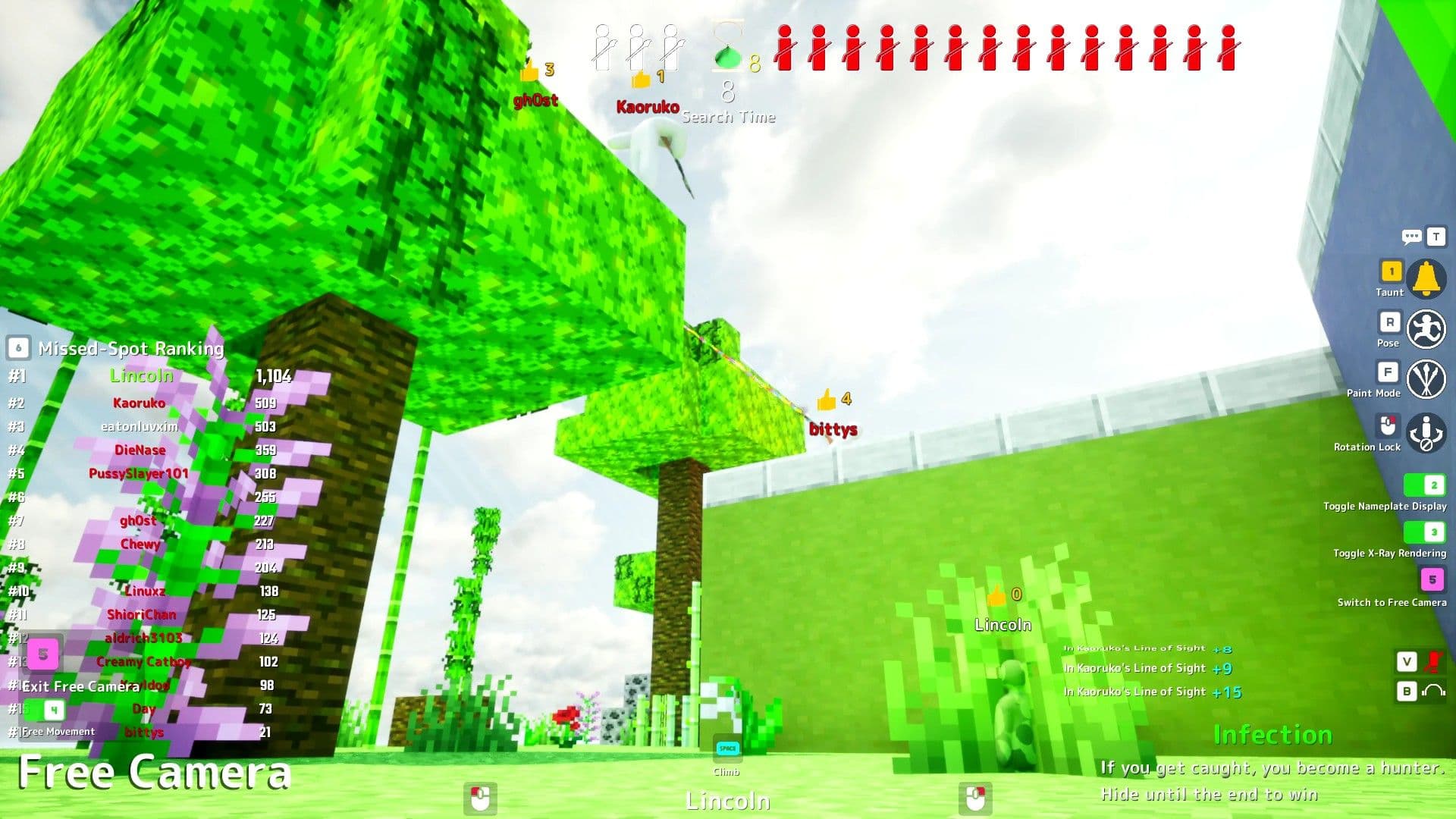 A player in Meccha Chameleon hides in a Minecraft-themed environment created by the community.