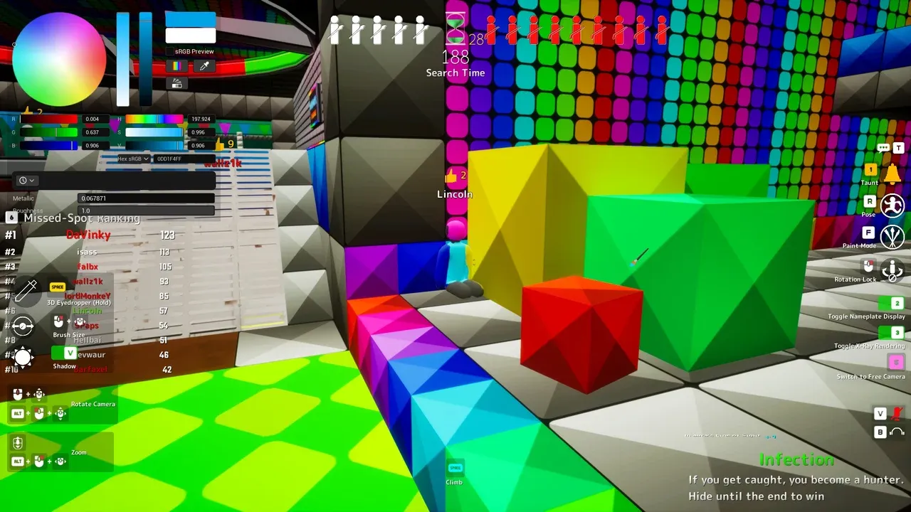 A Meccha Chameleon player character sits perfectly camouflaged against a vibrant, colorful Mario Kart-inspired backdrop.