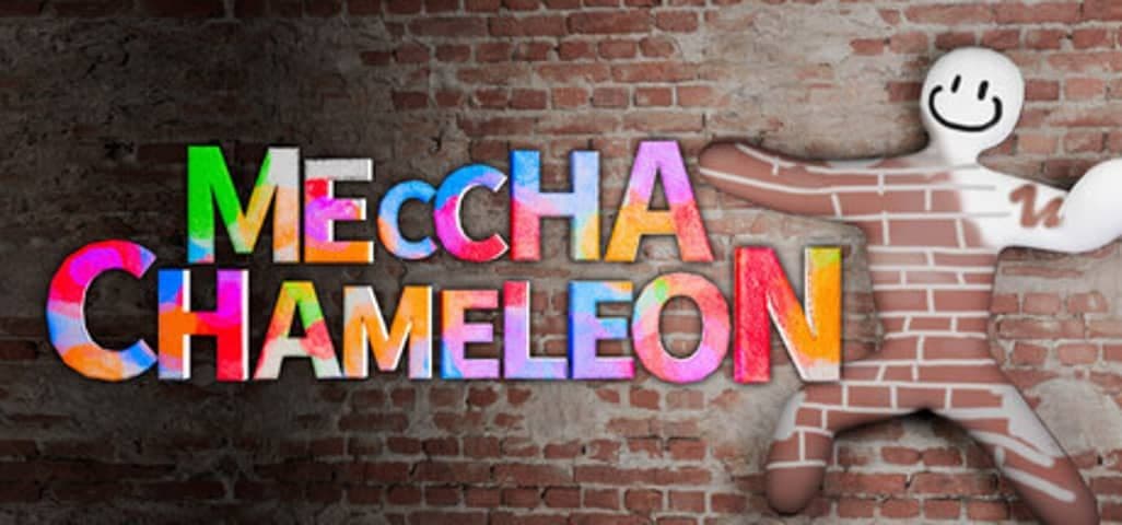 A colorful patchwork chameleon figure stands next to the Meccha Chameleon title text against a brick wall.