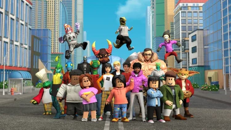 A group of diverse Roblox characters standing together in a vibrant city street under a clear blue sky.