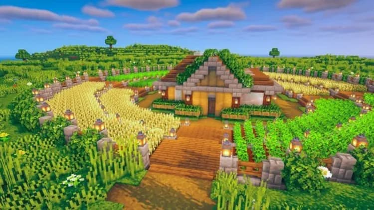 A lush Minecraft farm with wheat fields and a cozy house, demonstrating essential survival food strategies.