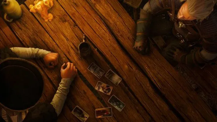 Geralt of Rivia plays a round of Gwent in The Witcher 3 Wild Hunt to earn rare and missable cards.
