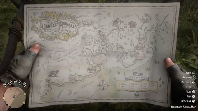 Arthur Morgan holding the in-game Legendary Animals of the Americas map in Red Dead Redemption 2.