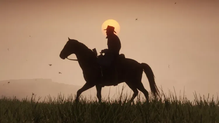 Arthur Morgan rides a horse across a field at sunset in Red Dead Redemption 2, symbolizing the journey for treasure.