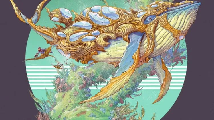 A majestic wooden whale creature soars over a vibrant underwater landscape in Argos: Riders on the Storm.