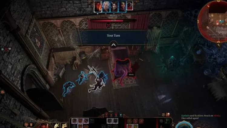 A party of adventurers engages in turn-based combat in Baldur's Gate 3, showcasing strategic positioning and action options.