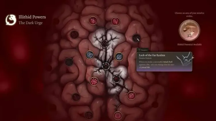 The Baldur's Gate 3 Illithid power tree menu showing the Luck of the Far Realms skill and neural pathways.