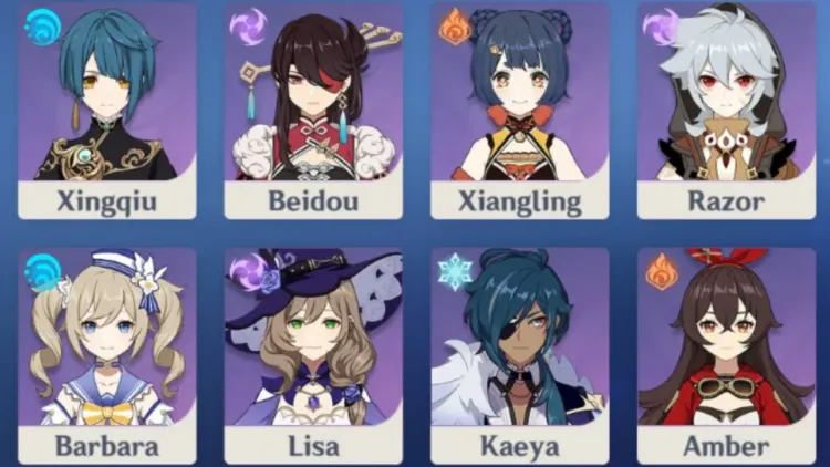 A lineup of free Genshin Impact characters including Traveler, Amber, Kaeya, Lisa, and Barbara for weapon selection.