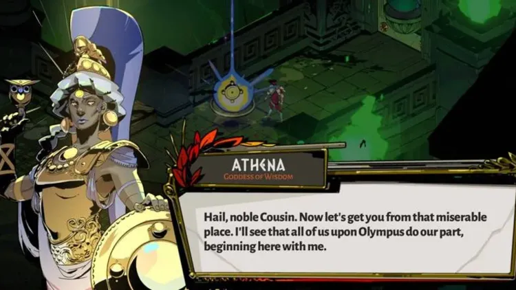 Athena offers a boon to Zagreus in Hades, highlighting her powerful deflect and defense mechanics.