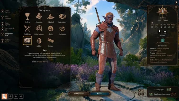A Half-Orc Fighter in Baldur's Gate 3 standing in a lush environment during the character creation process.
