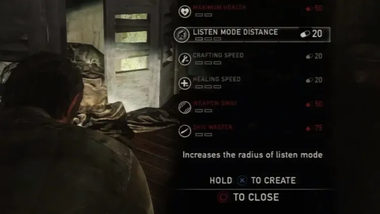The Last of Us Part II character skill tree menu showing upgrades for Listen Mode, Crafting, and Healing Speed.