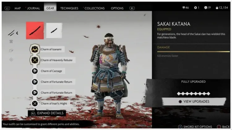 Jin Sakai wearing Sakai armor in Ghost of Tsushima with a build featuring Charm of Izanami and Charm of Carnage.