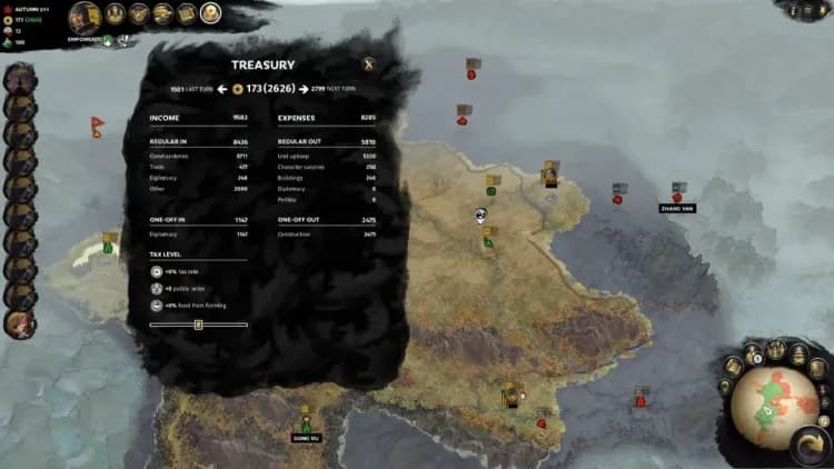 War of the Three Kingdoms treasury overview map displaying regional commandery icons and economic faction markers.