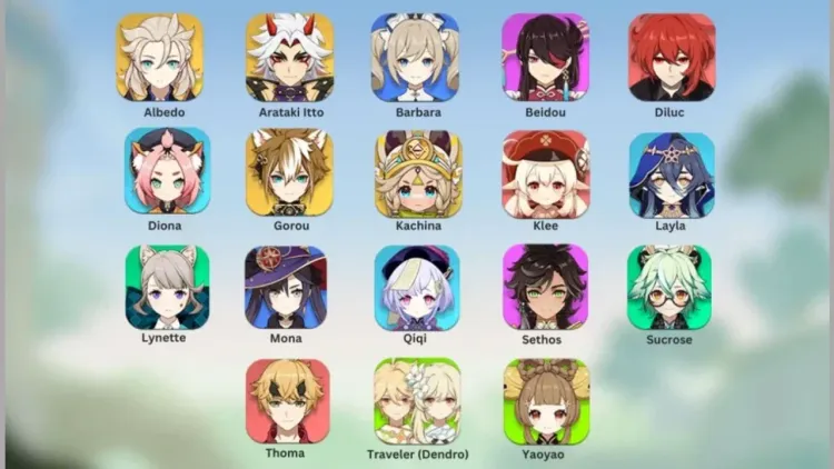 Genshin Impact characters like Albedo and Kazuha arranged in a tier list format for free-to-play leveling.