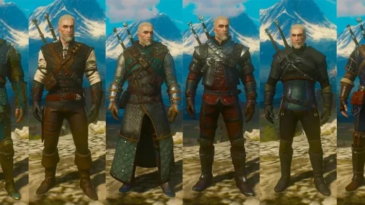 A lineup of seven different Witcher school gear sets for Geralt in The Witcher 3 Wild Hunt against a mountain backdrop.
