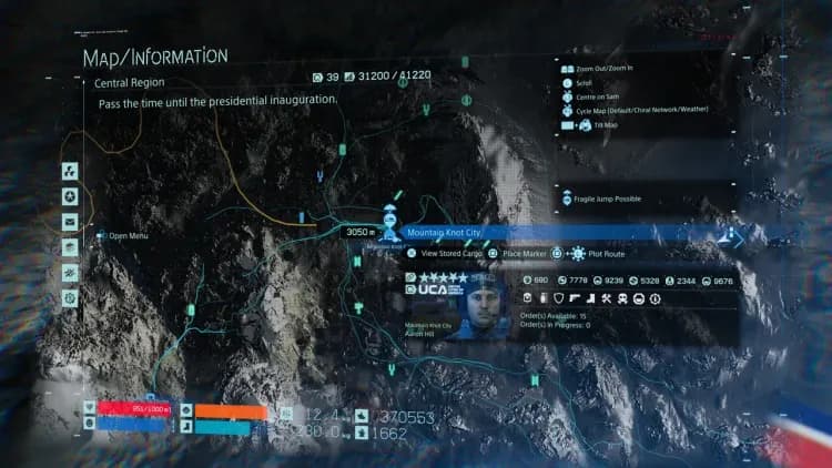 The snowy peaks of Mountain Knot City in Death Stranding, a primary location for establishing complex zipline networks.