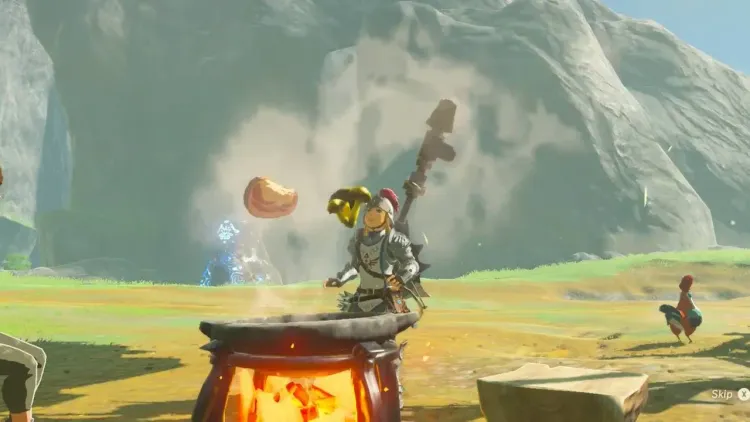 Link watches as ingredients fly out of a cooking pot in The Legend of Zelda: Breath of the Wild.