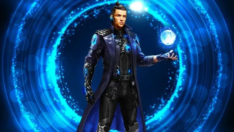 Free Fire character Chrono stands within his signature blue Time Turner energy shield during a match.