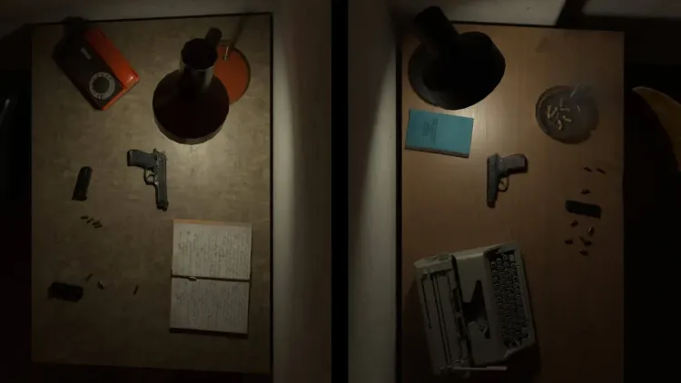 Two Cold War desks side by side in Arma Reforger: an American M9 pistol with magazines and 9x19 mm rounds on one, a Soviet Makarov PM with magazines and 9x18 mm rounds on the other.