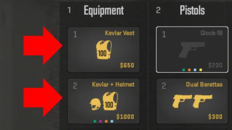 Counter-Strike 2 buy menu showing Kevlar vest and helmet prices with armor point values for tactical equipment.