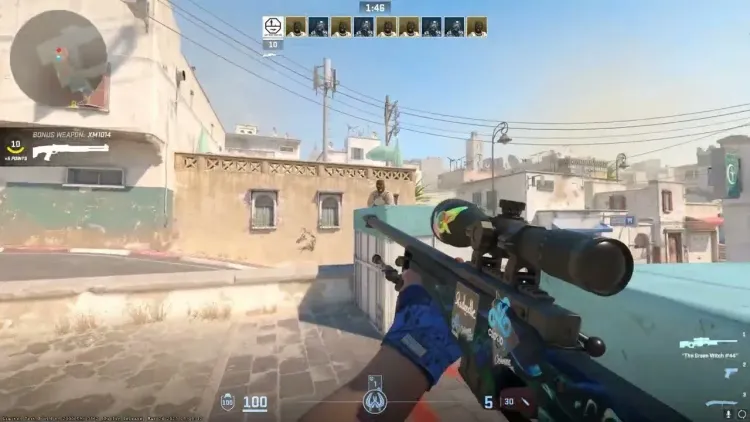 A Counter-Strike 2 player holds a tight angle with an AWP sniper rifle to demonstrate map control and positioning.
