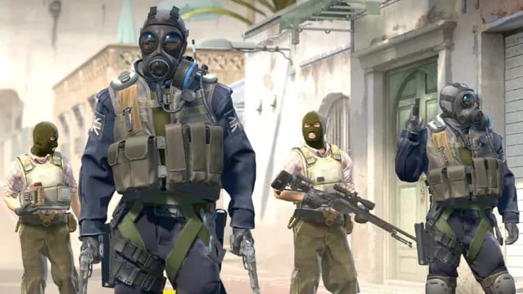 A squad of four Counter-Strike 2 operatives in tactical gear and gas masks preparing for an urban mission.