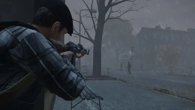 DayZ survivor aiming through a rain-soaked street