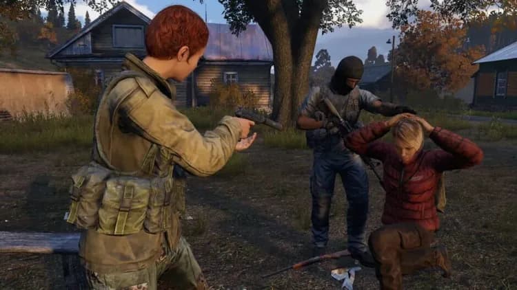 Armed survivors face each other in a tense DayZ standoff.