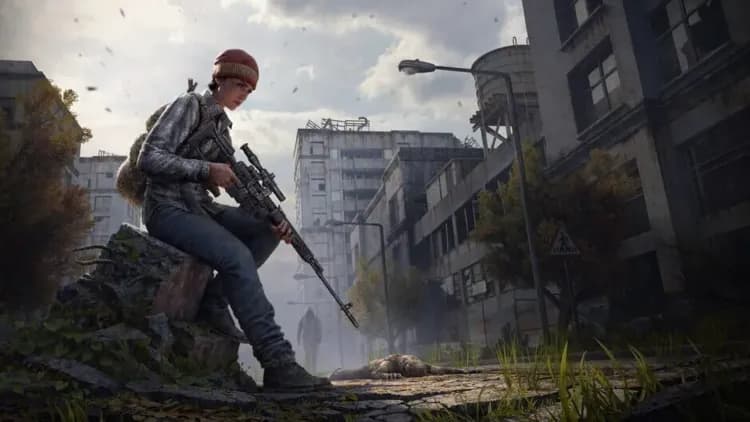 Armed DayZ survivor watching a ruined city street