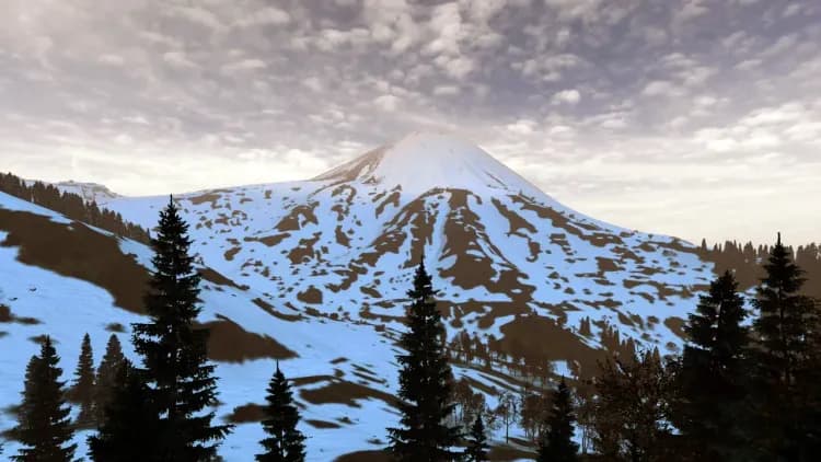 Odinokiy Vulkan, the snow-covered volcano in the north of DayZ's Sakhal map, seen across a ridge of frosted pines