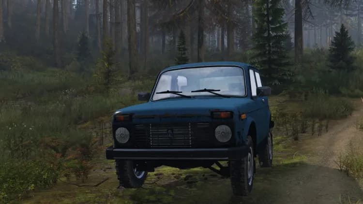 An Ada 4x4 parked on a misty forest dirt track in DayZ, the kind of concealed off-road spot that survives a server restart