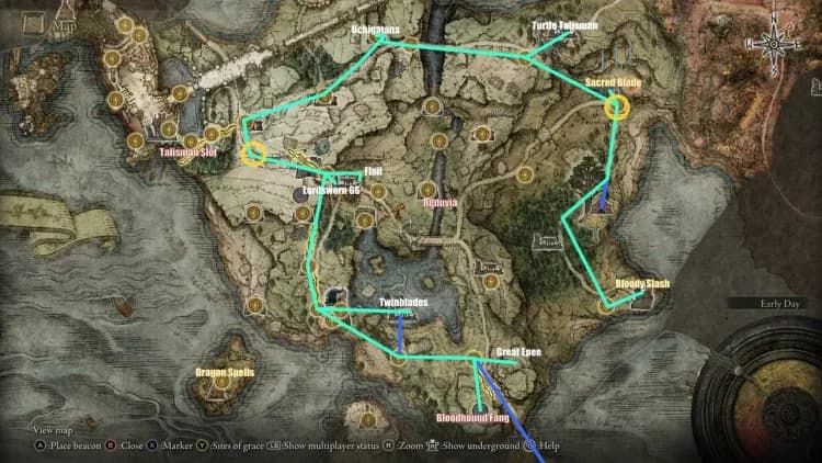 Elden Ring early game progression map with a 10-hour checklist for finding essential weapons and talismans.