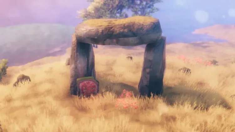 A Valheim Vegvisir runestone beside a Plains stone formation