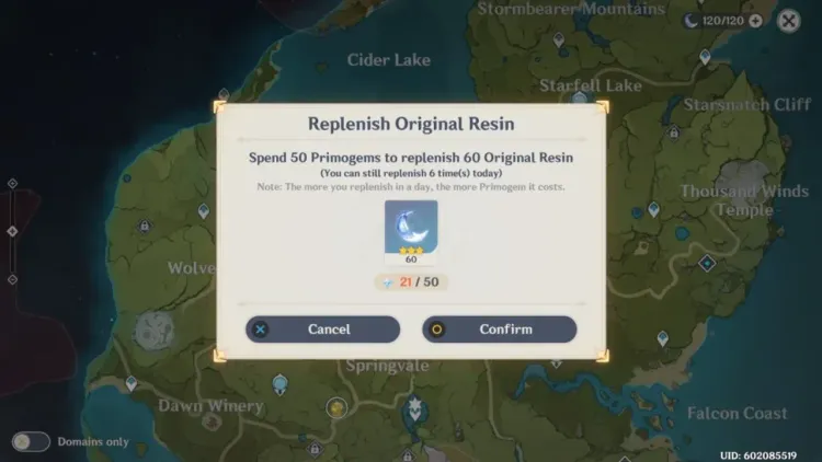 The Genshin Impact map interface showing the replenishment screen for Original Resin using Primogems and current status.