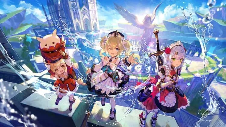 Official Genshin Impact artwork featuring multiple characters using elemental abilities in a vibrant landscape.
