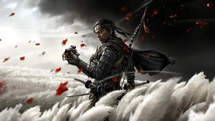 Jin Sakai stands ready with his katana in Ghost of Tsushima artwork, representing the journey to unlock Mythic Tales.