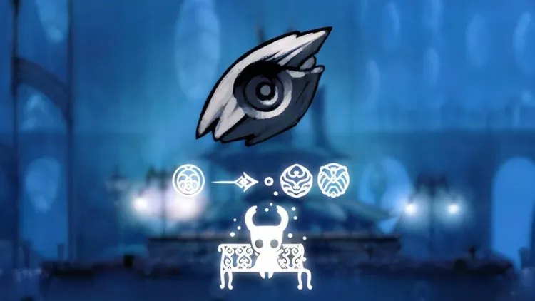The Knight sits on a bench in Hollow Knight surrounded by mystical charms and a spectral vendor interface.