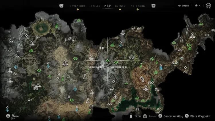 A detailed map of Horizon Zero Dawn shows various Cauldron locations and machine override points across the terrain.