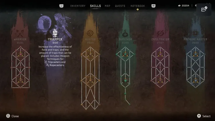 The Horizon Zero Dawn skill tree menu showing various specializations like Trapper and Warrior for early game unlocks.