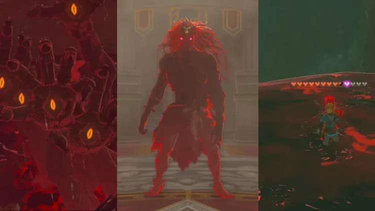 A collage showing Gloom Spawn hands and Phantom Ganon boss encounters in Zelda Tears of the Kingdom.