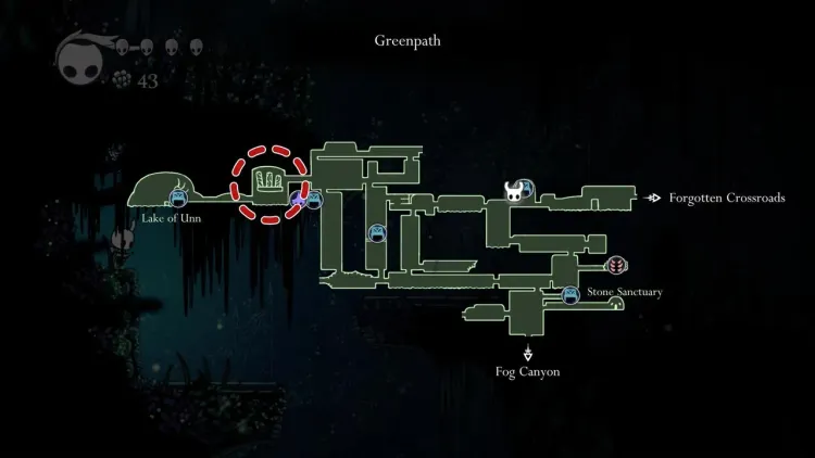 Map of Greenpath in Hollow Knight showing the location of the Hornet Protector boss encounter.