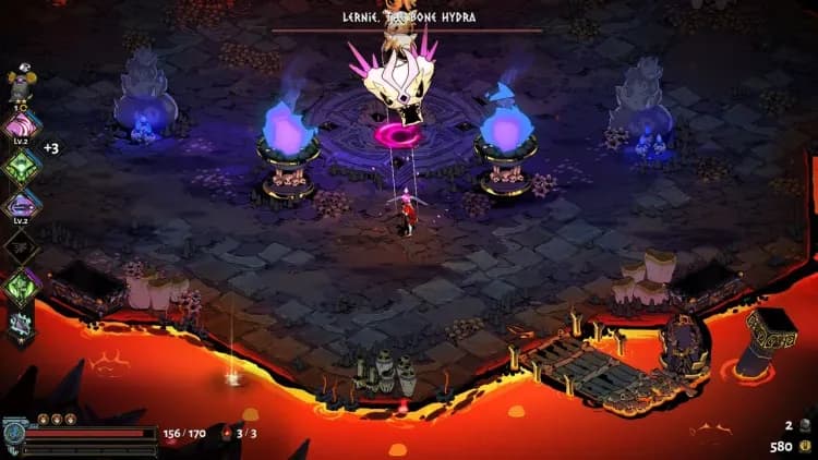 Zagreus battles Lernie the Bone Hydra in a fiery Asphodel arena surrounded by lava in Hades.