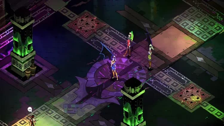 Zagreus faces off against the Fury Sisters Megaera, Alecto, and Tisiphone in a dark Hades boss arena.