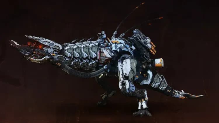 A massive mechanical Thunderjaw dinosaur in Horizon Zero Dawn equipped with heavy armor and back-mounted weaponry.