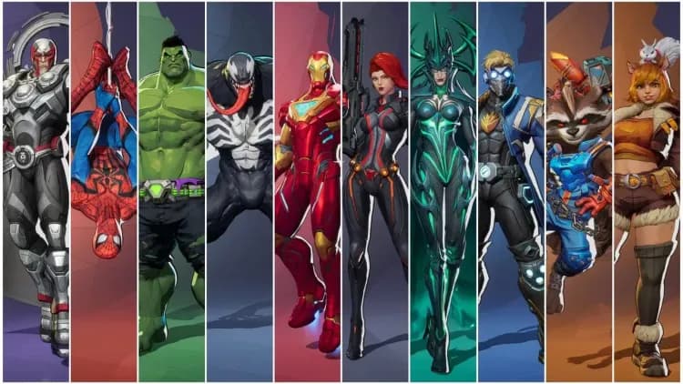 A diverse lineup of Marvel Rivals characters including Venom and Spider-Man ready for meta hero counter strategies.