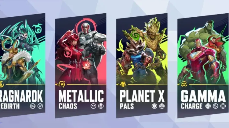 Marvel Rivals team-up compositions including Ragnarok Rebirth and Metallic Chaos showing character synergies.