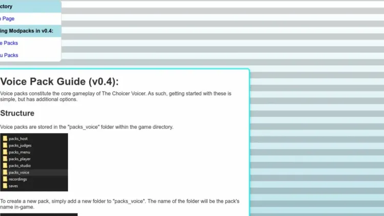 Official tutorial document for The Choicer Voicer detailing the installation path for custom voice pack subfolders.