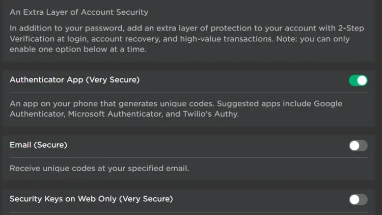 The Roblox security settings menu showing options for Authenticator App, Email, and Security Keys for 2FA.