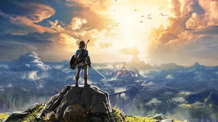 Link aims an Ancient Arrow at a Guardian Stalker in The Legend of Zelda: Breath of the Wild.