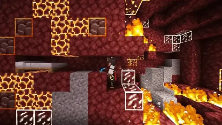 A Minecraft player uses glass blocks for safety while mining Ancient Debris in a lava-filled Nether cave.